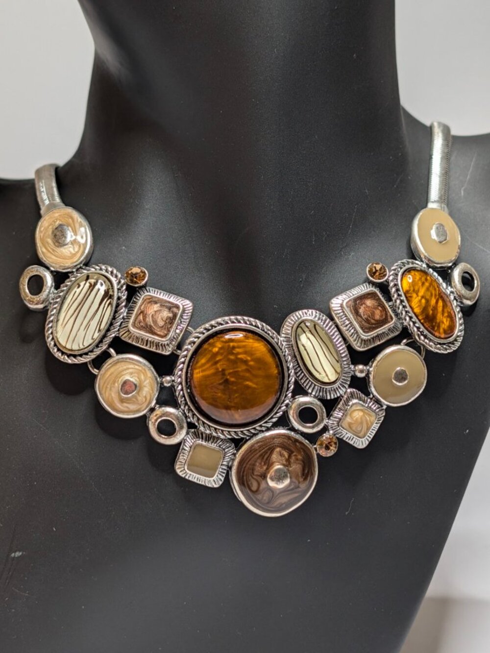 Silver Tone Amber Brown Statement Bib Necklace